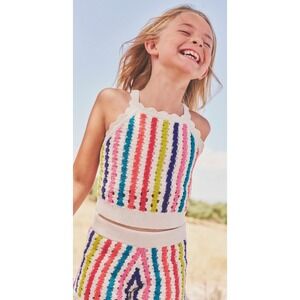 Mini Boden Girls Crochet Knit 2-Piece Set Rainbow Stripe Top Shorts 3-4Y